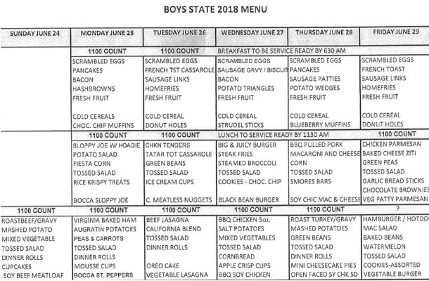 Boys State menu 2018